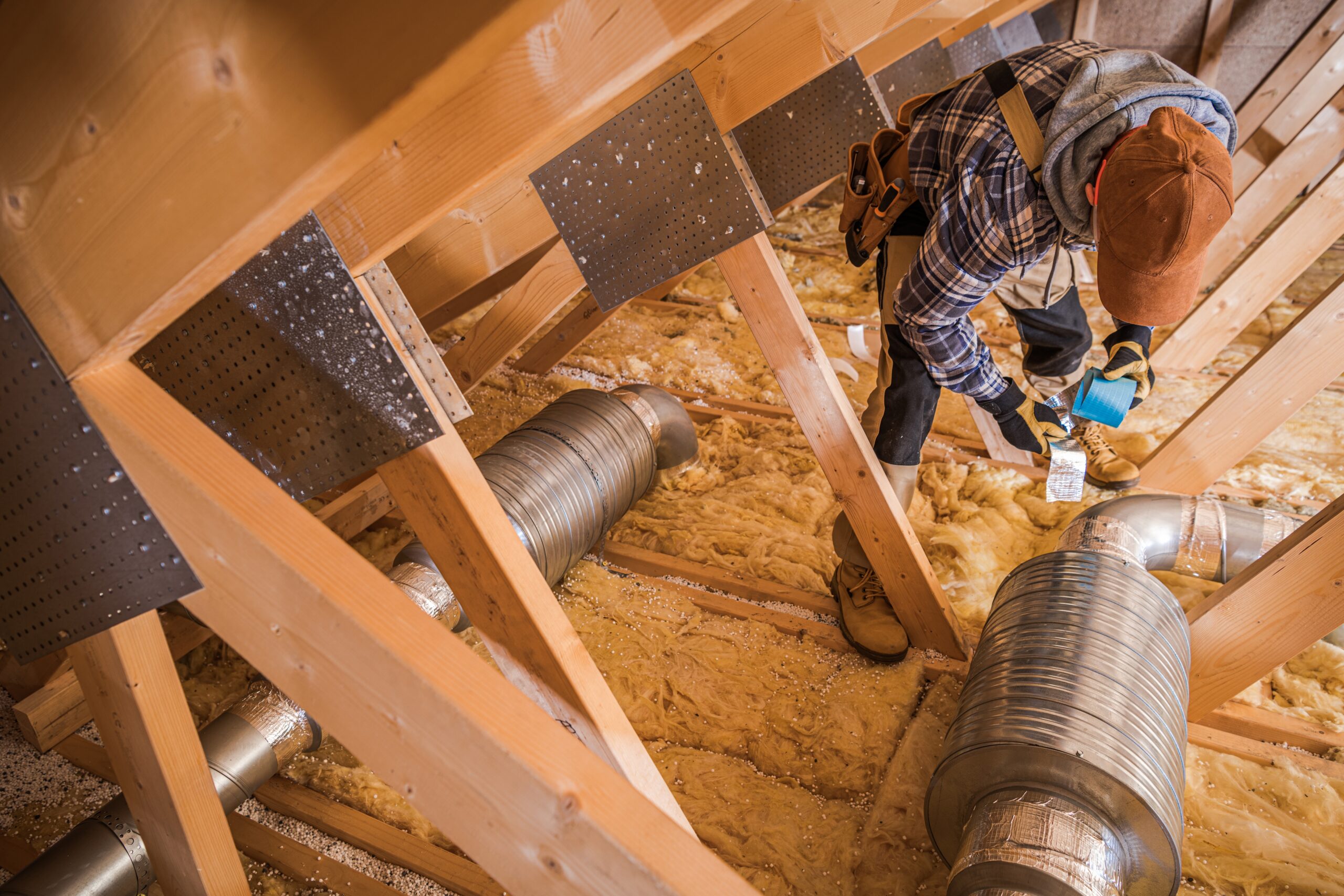 Heating and Cooling Technician Insulating Ventilation Pipeline Using Thermal Tape.